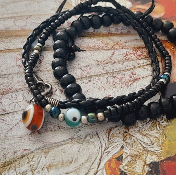 Set Of 3 Leather Bracelets With Evil Eye Bead - Picture 2 of 8